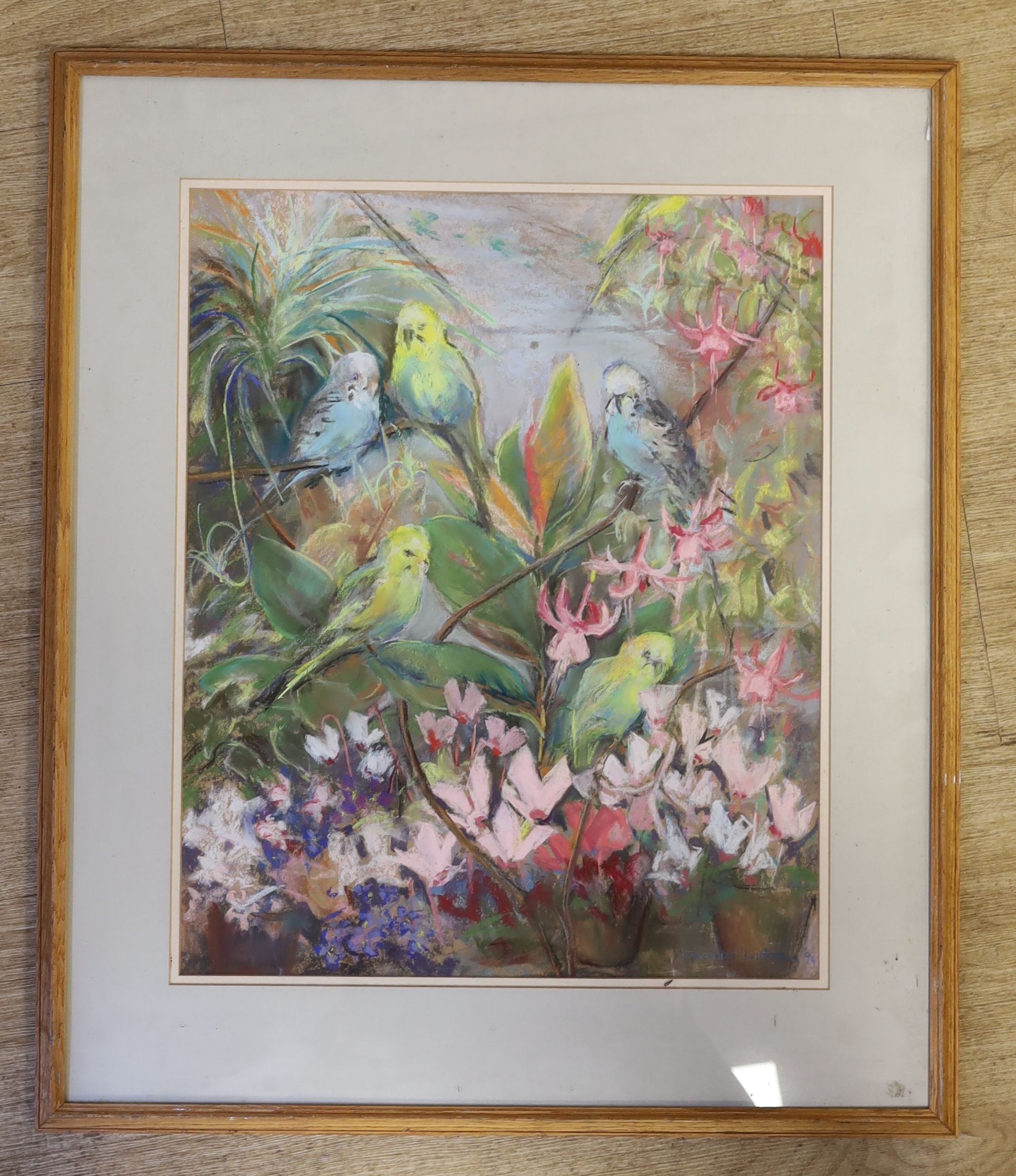 Hermione Thornton Lofthouse, pastel, 'Feathers amongst flowers', signed and dated '94, 55 x 44cm